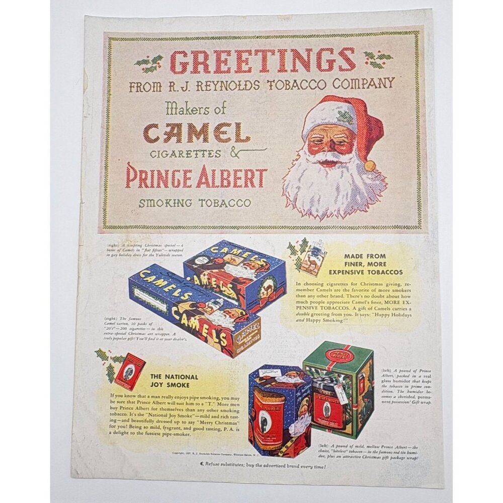 Camel Cigarettes & Prince Albert Tobacco Christmas Vintage Print Ad 1930s Santa